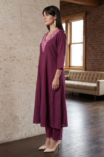 Purple Thread Embroidered Pure Cotton Straight Kurta with Straight Pants and Dupatta Set