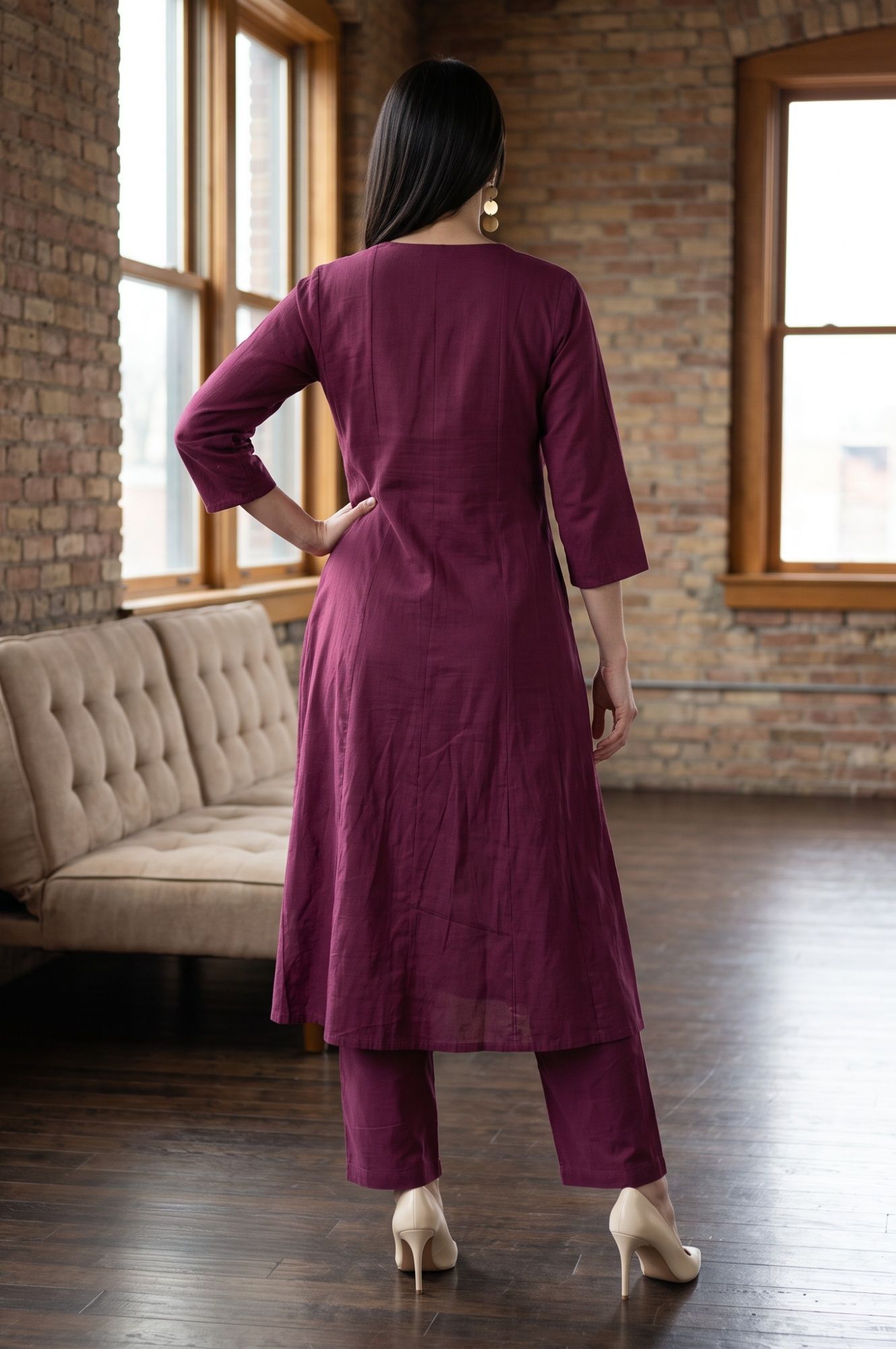 Purple Thread Embroidered Pure Cotton Straight Kurta with Straight Pants and Dupatta Set