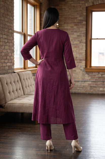 Purple Thread Embroidered Pure Cotton Straight Kurta with Straight Pants and Dupatta Set