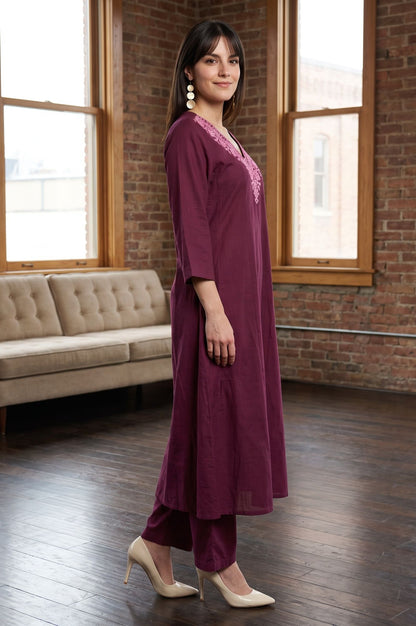 Purple Thread Embroidered Pure Cotton Straight Kurta with Straight Pants and Dupatta Set