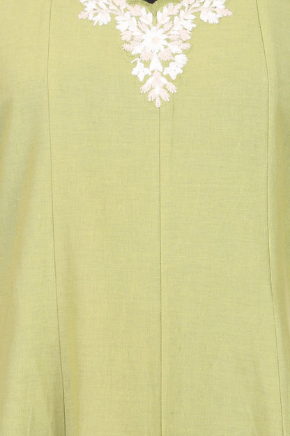 Lime Green Thread Embroidered Cotton Flax A-line Kurta with Straight Pants and Dupatta Set
