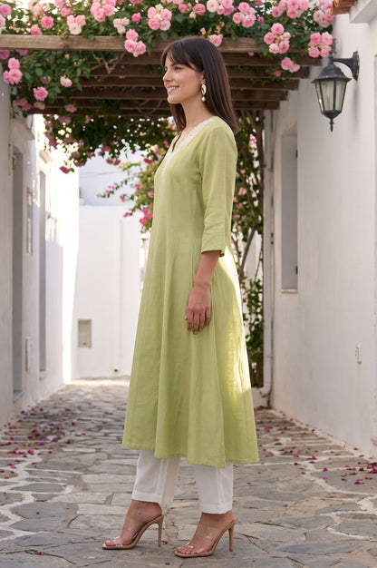 Lime Green Thread Embroidered Cotton Flax A-line Kurta with Straight Pants and Dupatta Set