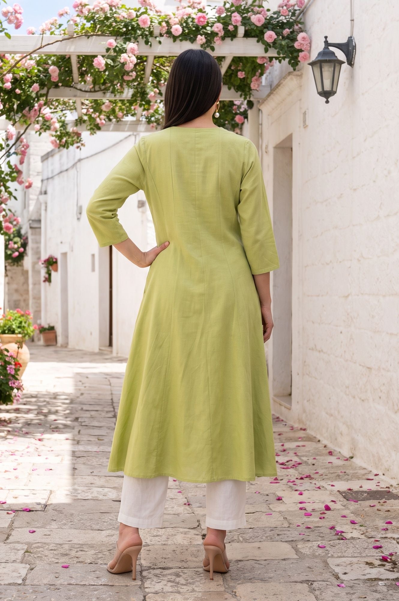Lime Green Thread Embroidered Cotton Flax A-line Kurta with Straight Pants and Dupatta Set