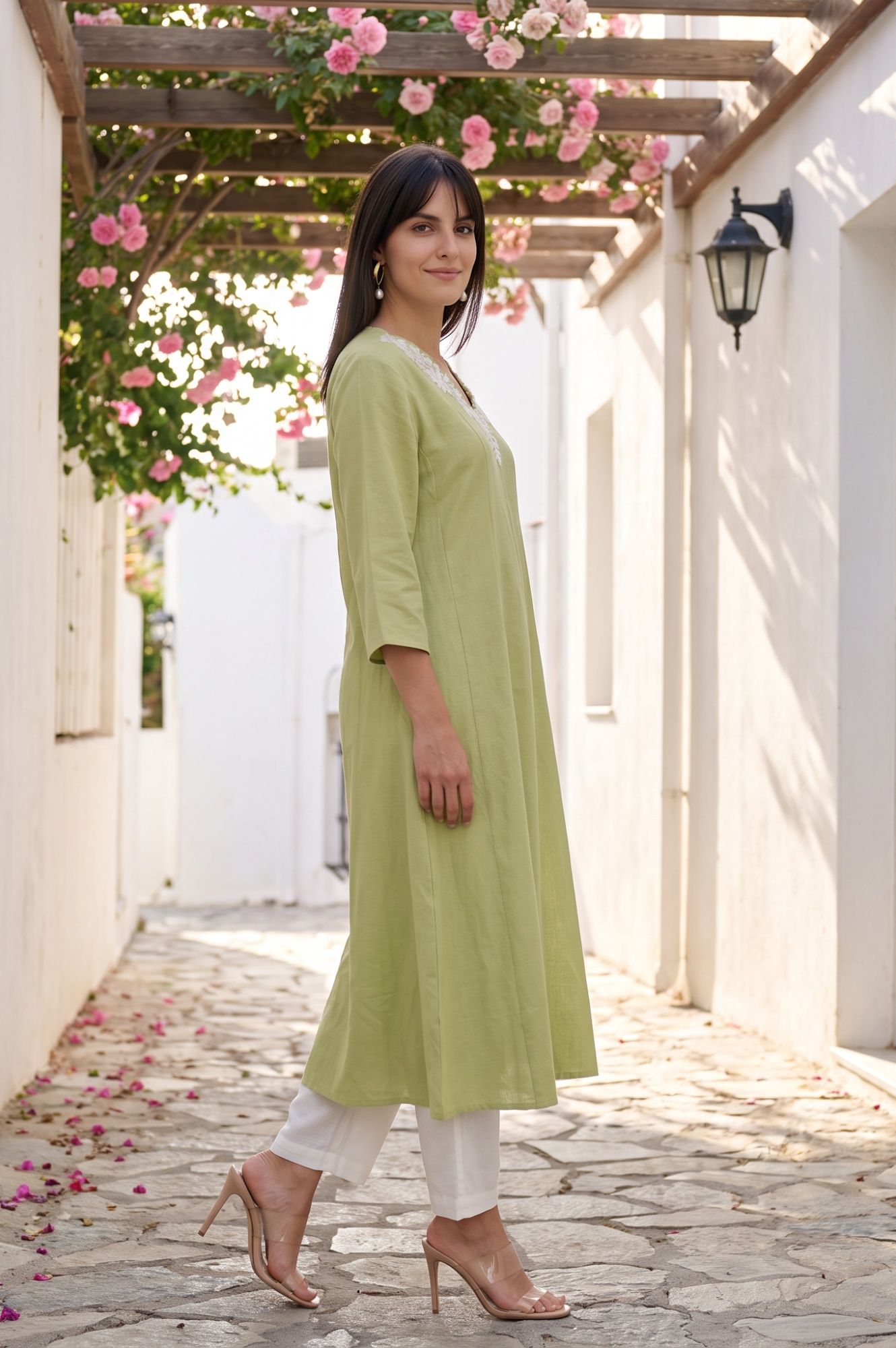 Lime Green Thread Embroidered Cotton Flax A-line Kurta with Straight Pants and Dupatta Set