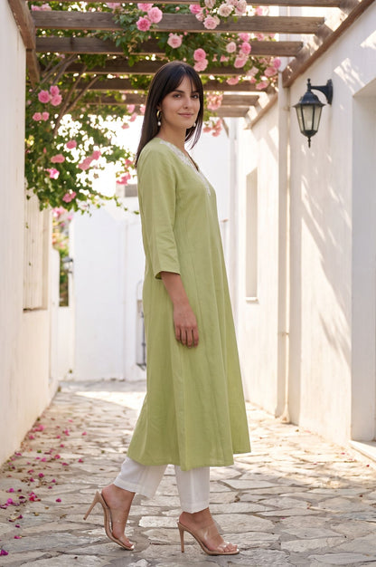 Lime Green Thread Embroidered Cotton Flax A-line Kurta with Straight Pants and Dupatta Set