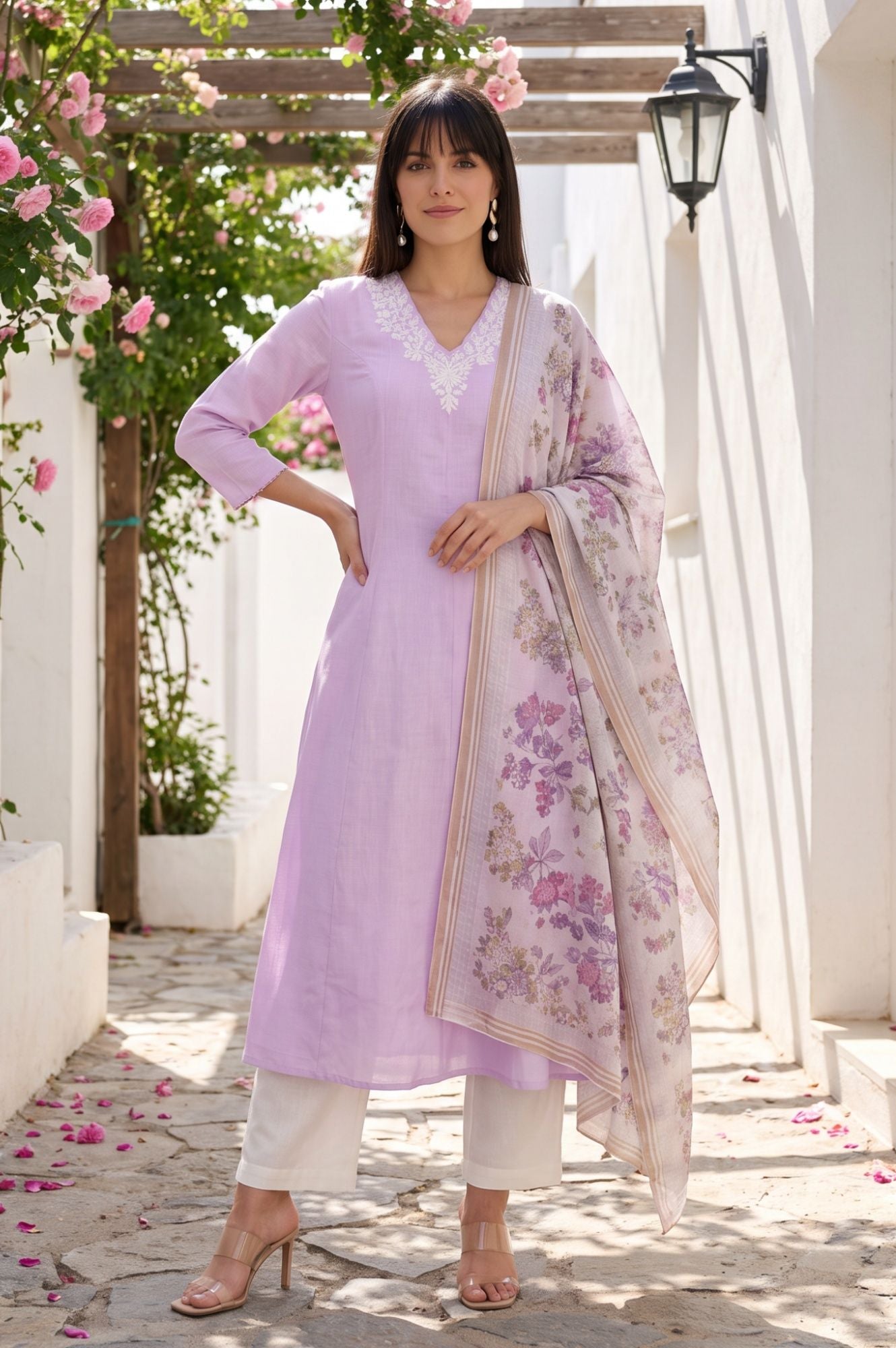 Lavender Thread Embroidered Cotton Flax A-line Kurta with Straight Pants and Dupatta Set