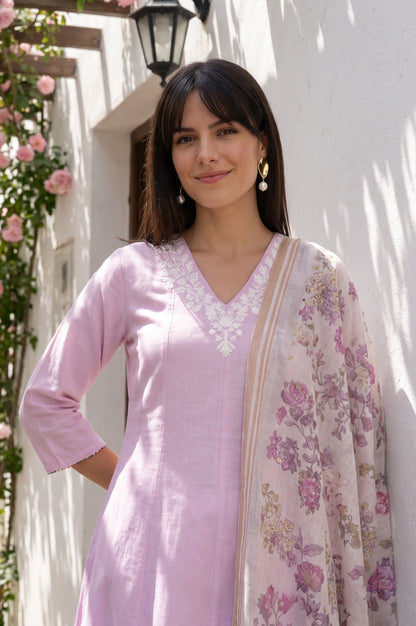 Lavender Thread Embroidered Cotton Flax A-line Kurta with Straight Pants and Dupatta Set