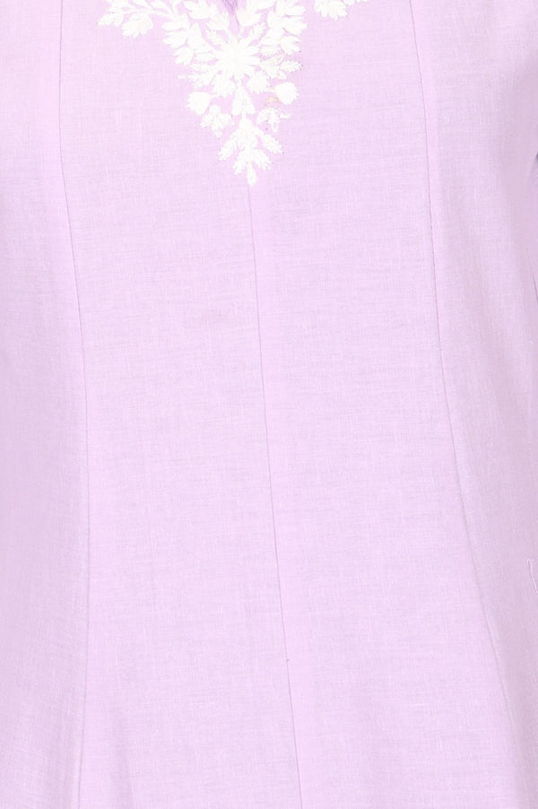 Lavender Thread Embroidered Cotton Flax A-line Kurta with Straight Pants and Dupatta Set