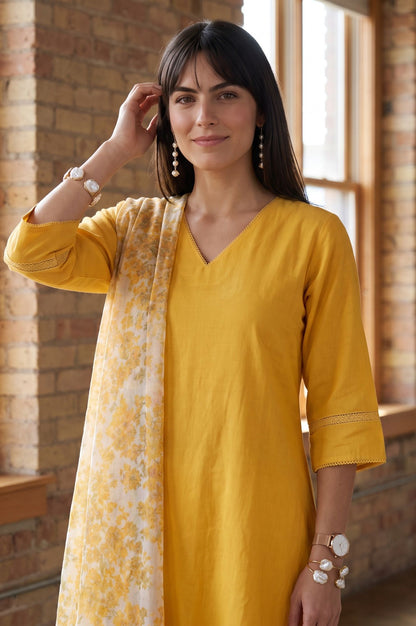 Yellow Solid Lace Cotton Flax A-line Kurta with Straight Pants and Dupatta Set