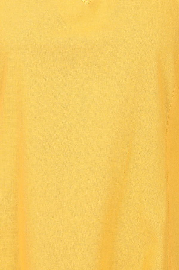 Yellow Solid Lace Cotton Flax A-line Kurta with Straight Pants and Dupatta Set