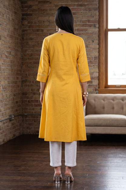 Yellow Solid Lace Cotton Flax A-line Kurta with Straight Pants and Dupatta Set