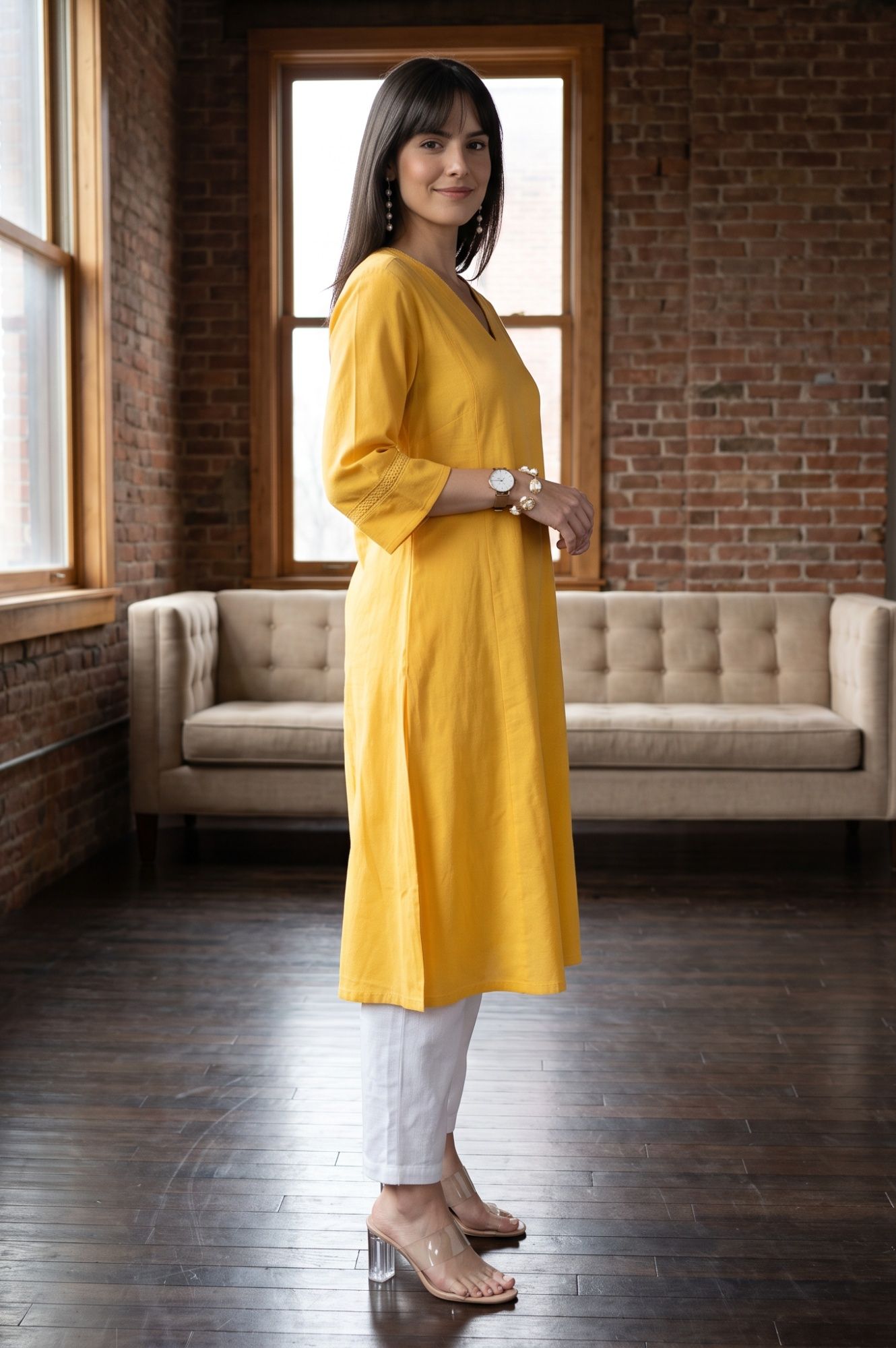 Yellow Solid Lace Cotton Flax A-line Kurta with Straight Pants and Dupatta Set