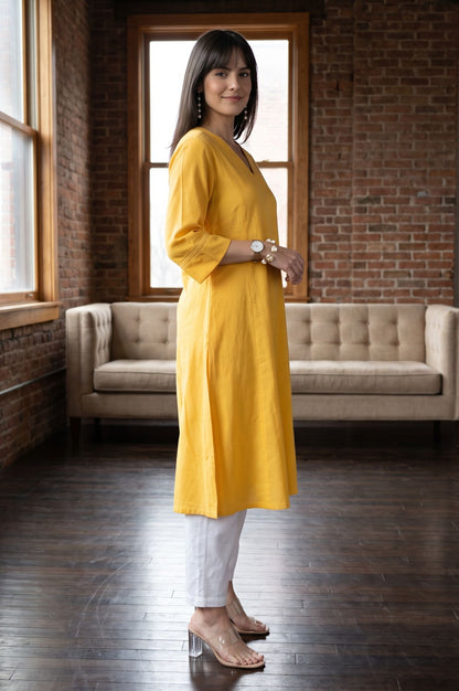 Yellow Solid Lace Cotton Flax A-line Kurta with Straight Pants and Dupatta Set