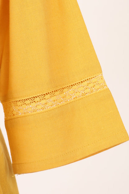 Yellow Solid Lace Cotton Flax A-line Kurta with Straight Pants and Dupatta Set