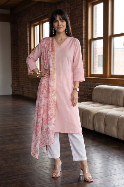 Pink Solid Lace Cotton Flax A-line Kurta with Straight Pants and Dupatta Set