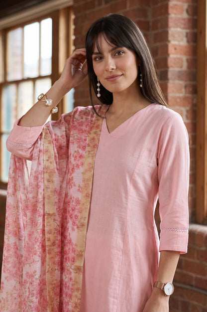 Pink Solid Lace Cotton Flax A-line Kurta with Straight Pants and Dupatta Set
