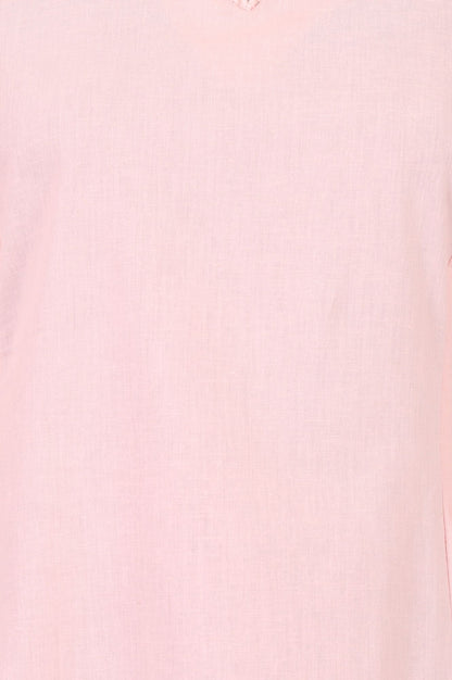 Pink Solid Lace Cotton Flax A-line Kurta with Straight Pants and Dupatta Set