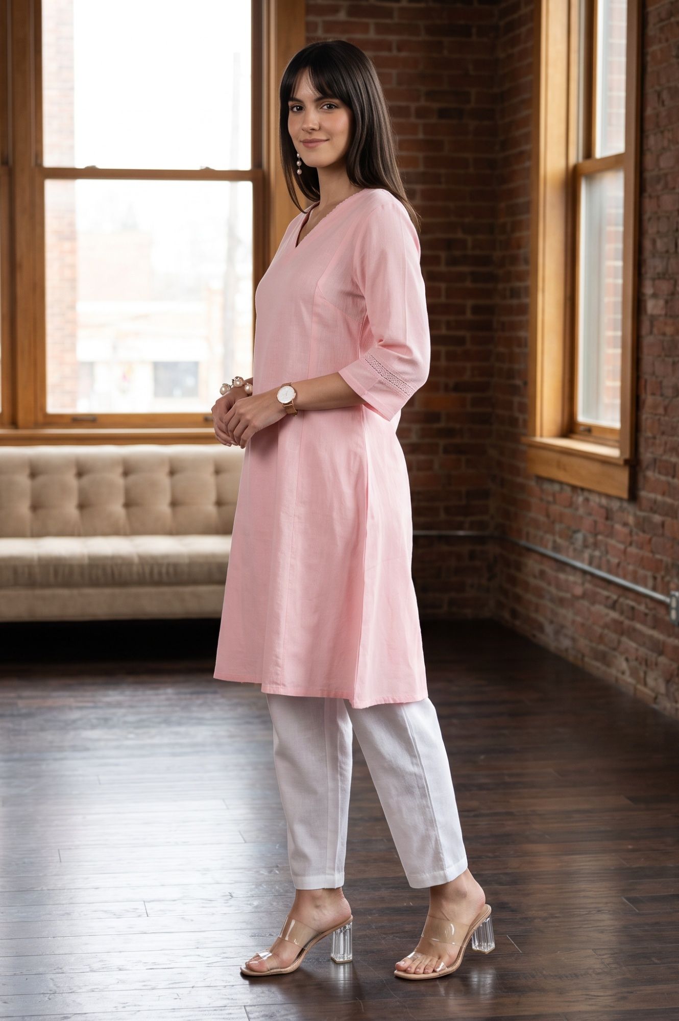 Pink Solid Lace Cotton Flax A-line Kurta with Straight Pants and Dupatta Set
