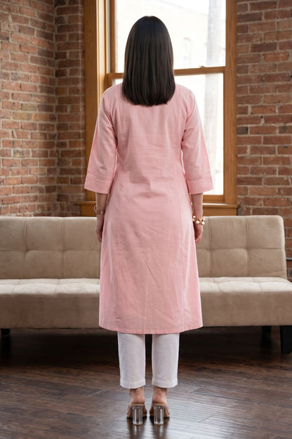 Pink Solid Lace Cotton Flax A-line Kurta with Straight Pants and Dupatta Set
