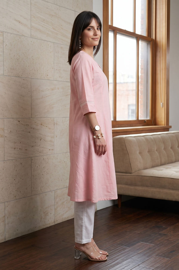 Pink Solid Lace Cotton Flax A-line Kurta with Straight Pants and Dupatta Set