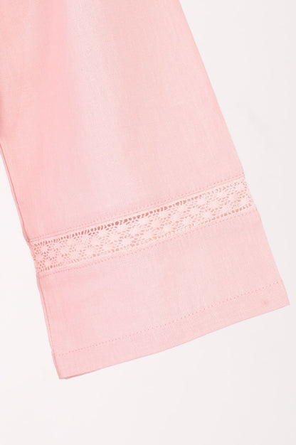 Pink Solid Lace Cotton Flax A-line Kurta with Straight Pants and Dupatta Set