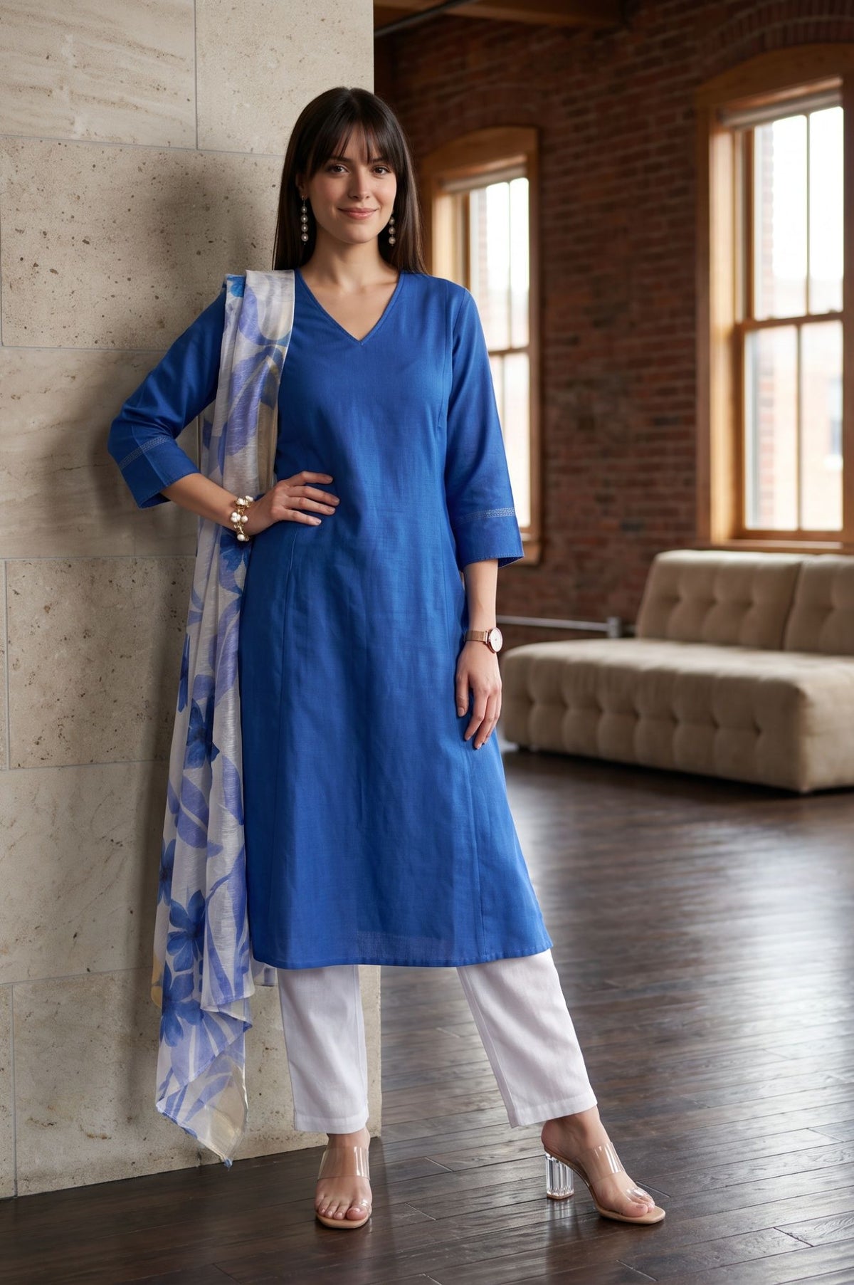Blue Lace Cotton Flax A-line Kurta with Straight Pants and Dupatta Set - 10