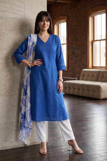 Blue Lace Cotton Flax A-line Kurta with Straight Pants and Dupatta Set
