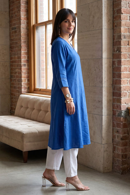 Blue Lace Cotton Flax A-line Kurta with Straight Pants and Dupatta Set