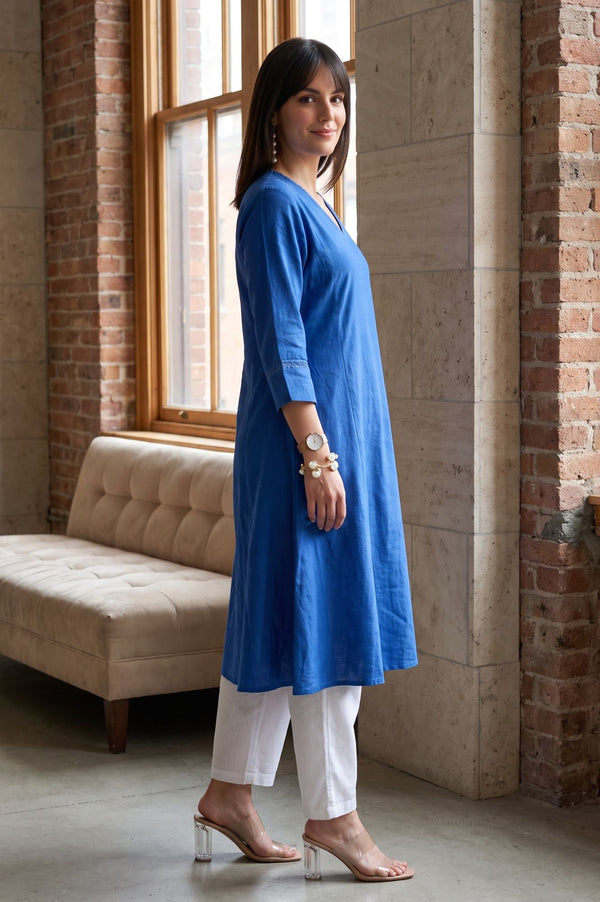 Blue Lace Cotton Flax A-line Kurta with Straight Pants and Dupatta Set