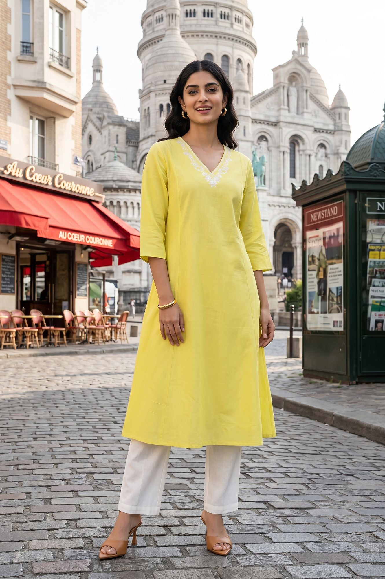 Yellow Thread Embroidered Cotton Flax A-line Kurta with Straight Pants Set