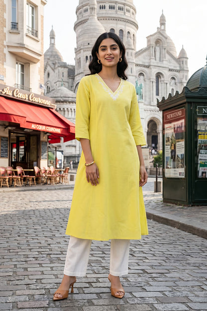 Yellow Thread Embroidered Cotton Flax A-line Kurta with Straight Pants Set