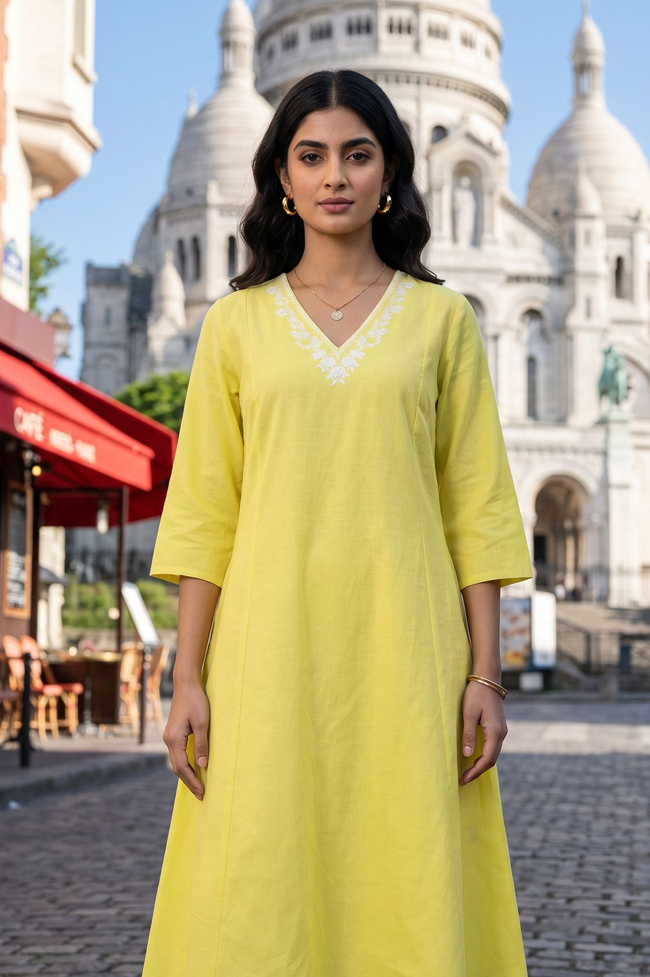 Yellow Thread Embroidered Cotton Flax A-line Kurta with Straight Pants Set