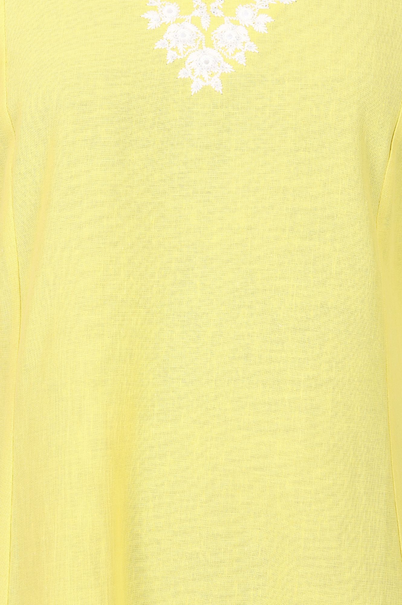 Yellow Thread Embroidered Cotton Flax A-line Kurta with Straight Pants Set