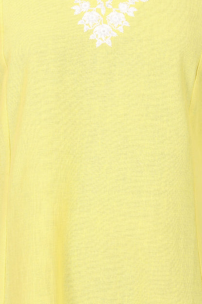 Yellow Thread Embroidered Cotton Flax A-line Kurta with Straight Pants Set