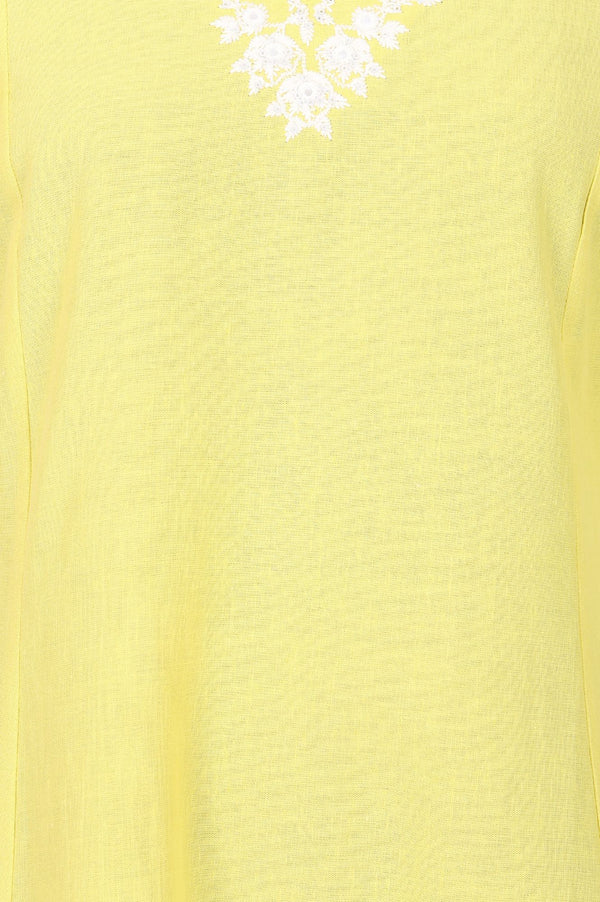 Yellow Thread Embroidered Cotton Flax A-line Kurta with Straight Pants Set