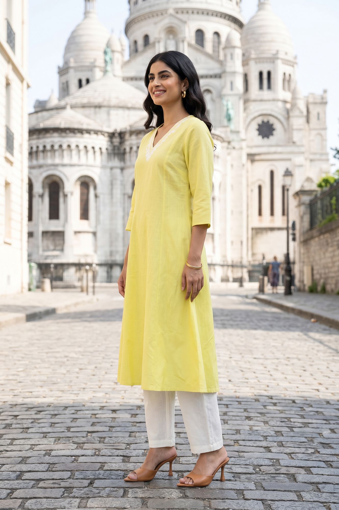 Yellow Thread Embroidered Cotton Flax A-line Kurta with Straight Pants Set