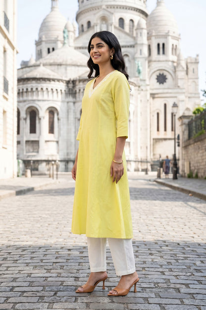 Yellow Thread Embroidered Cotton Flax A-line Kurta with Straight Pants Set