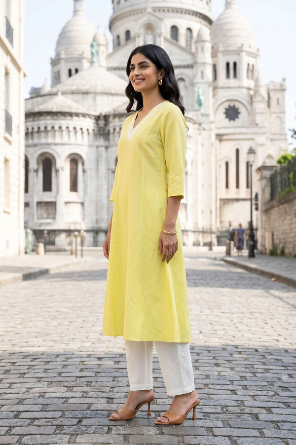 Yellow Thread Embroidered Cotton Flax A-line Kurta with Straight Pants Set