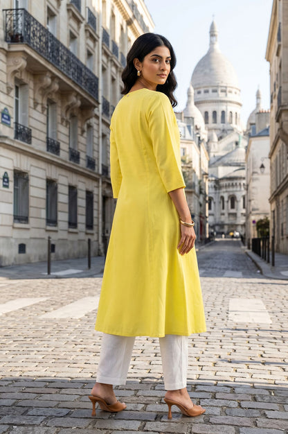 Yellow Thread Embroidered Cotton Flax A-line Kurta with Straight Pants Set