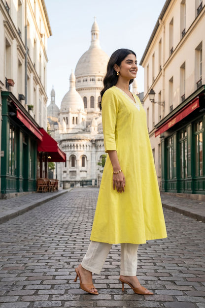Yellow Thread Embroidered Cotton Flax A-line Kurta with Straight Pants Set