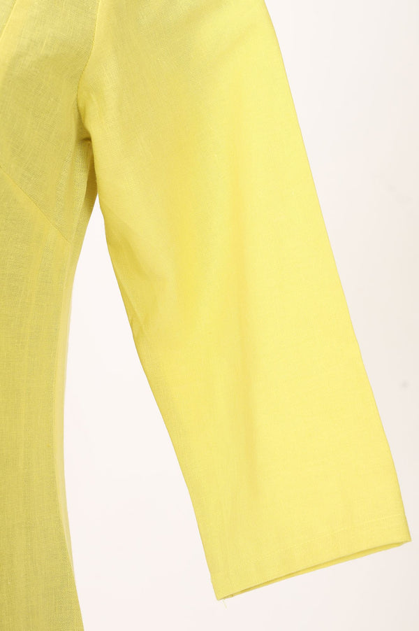 Yellow Thread Embroidered Cotton Flax A-line Kurta with Straight Pants Set