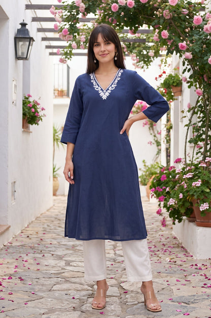 Navy Blue Thread Embroidered Cotton Flax A-line Kurta with Straight Pants Set