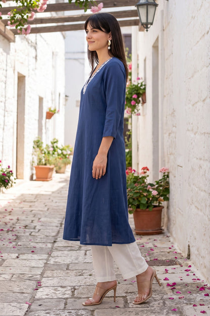 Navy Blue Thread Embroidered Cotton Flax A-line Kurta with Straight Pants Set