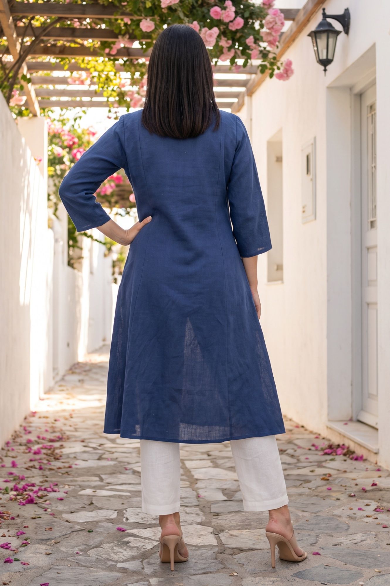 Navy Blue Thread Embroidered Cotton Flax A-line Kurta with Straight Pants Set