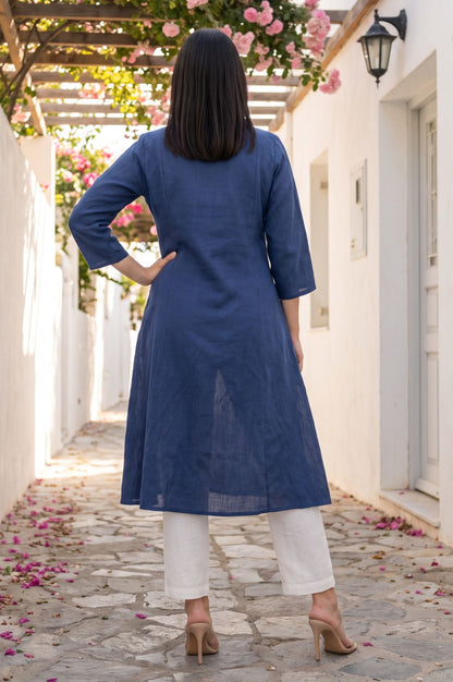 Navy Blue Thread Embroidered Cotton Flax A-line Kurta with Straight Pants Set