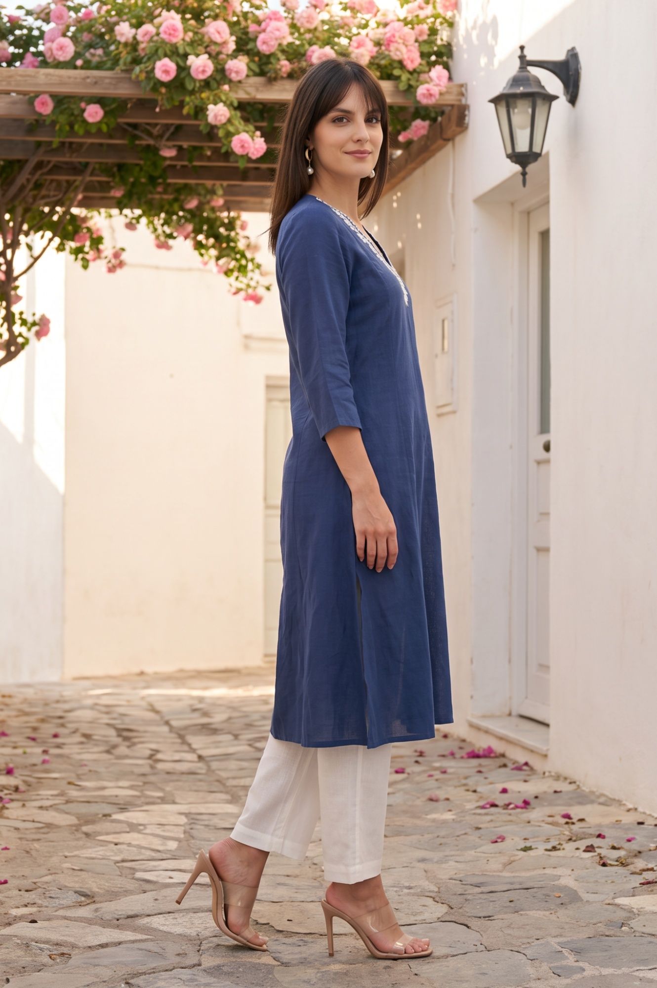 Navy Blue Thread Embroidered Cotton Flax A-line Kurta with Straight Pants Set