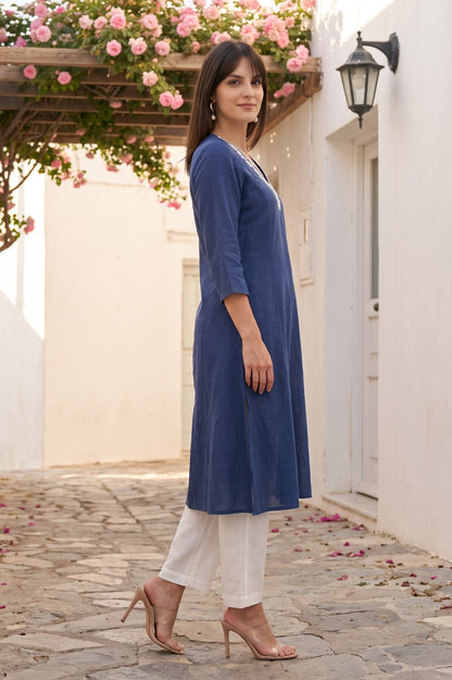 Navy Blue Thread Embroidered Cotton Flax A-line Kurta with Straight Pants Set