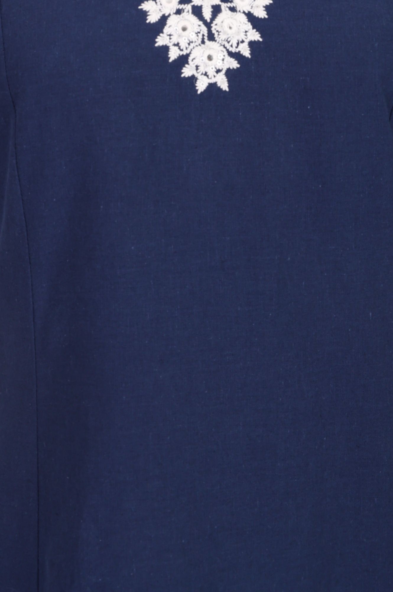 Navy Blue Thread Embroidered Cotton Flax A-line Kurta with Straight Pants Set