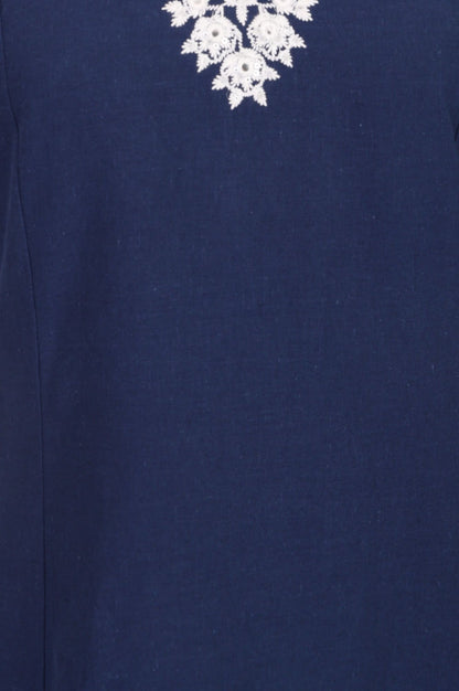 Navy Blue Thread Embroidered Cotton Flax A-line Kurta with Straight Pants Set
