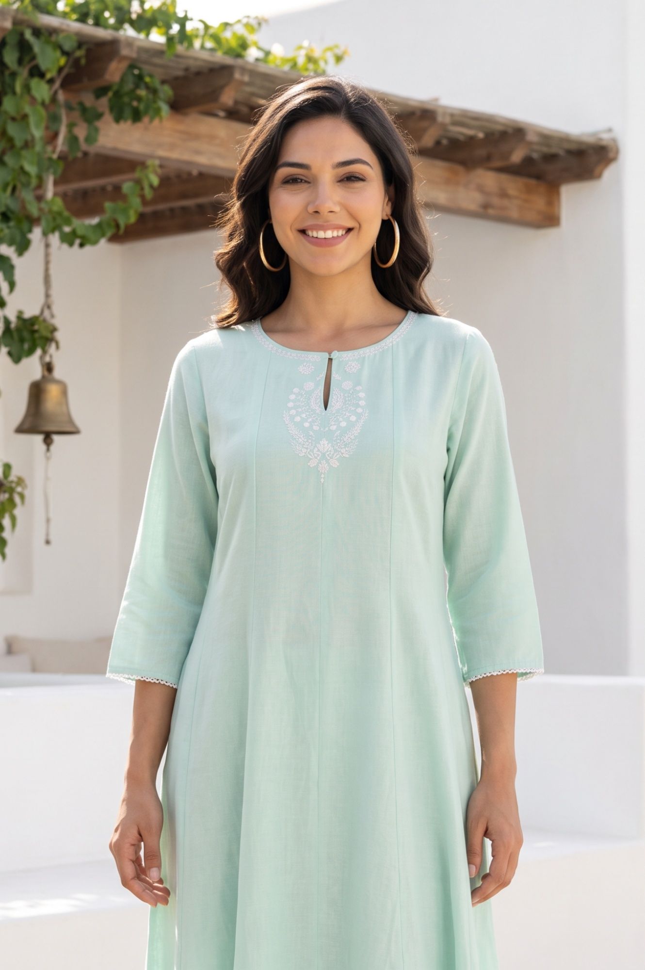 Sea Green Thread Embroidered Cotton Flax A-line Kurta with Straight Pants Set
